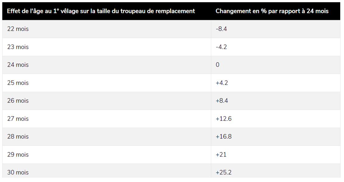 Effet de l'âge au premier vêlage sur la taille du troupeau de remplacement et changement en % par rapport à 24 mois