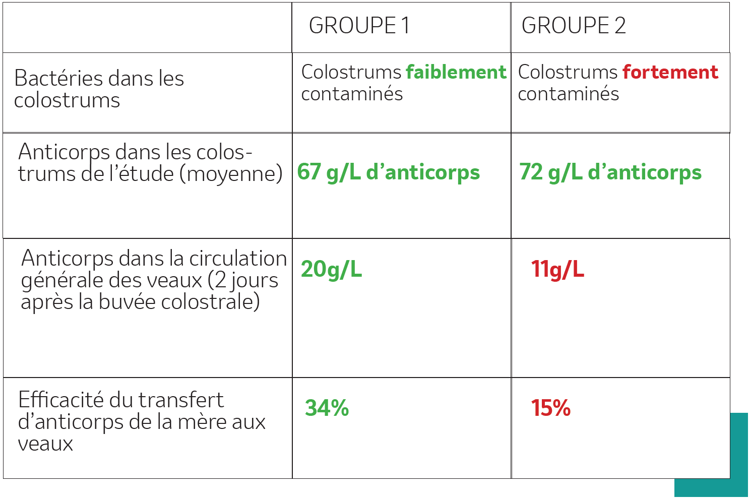 Effet de la contamination de colostrums faiblement ou fortement contaminés par des bactéries sur deux groupes de veau